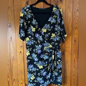 Abercrombie & Fitch Black Midi Wrap Dress with Yellow & Purple Floral Print